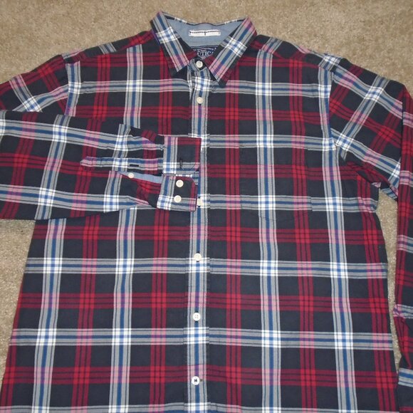 Retro Vintage Nautica Red Plaid Button Down Flannel Shirt Collared - Picture 4 of 9